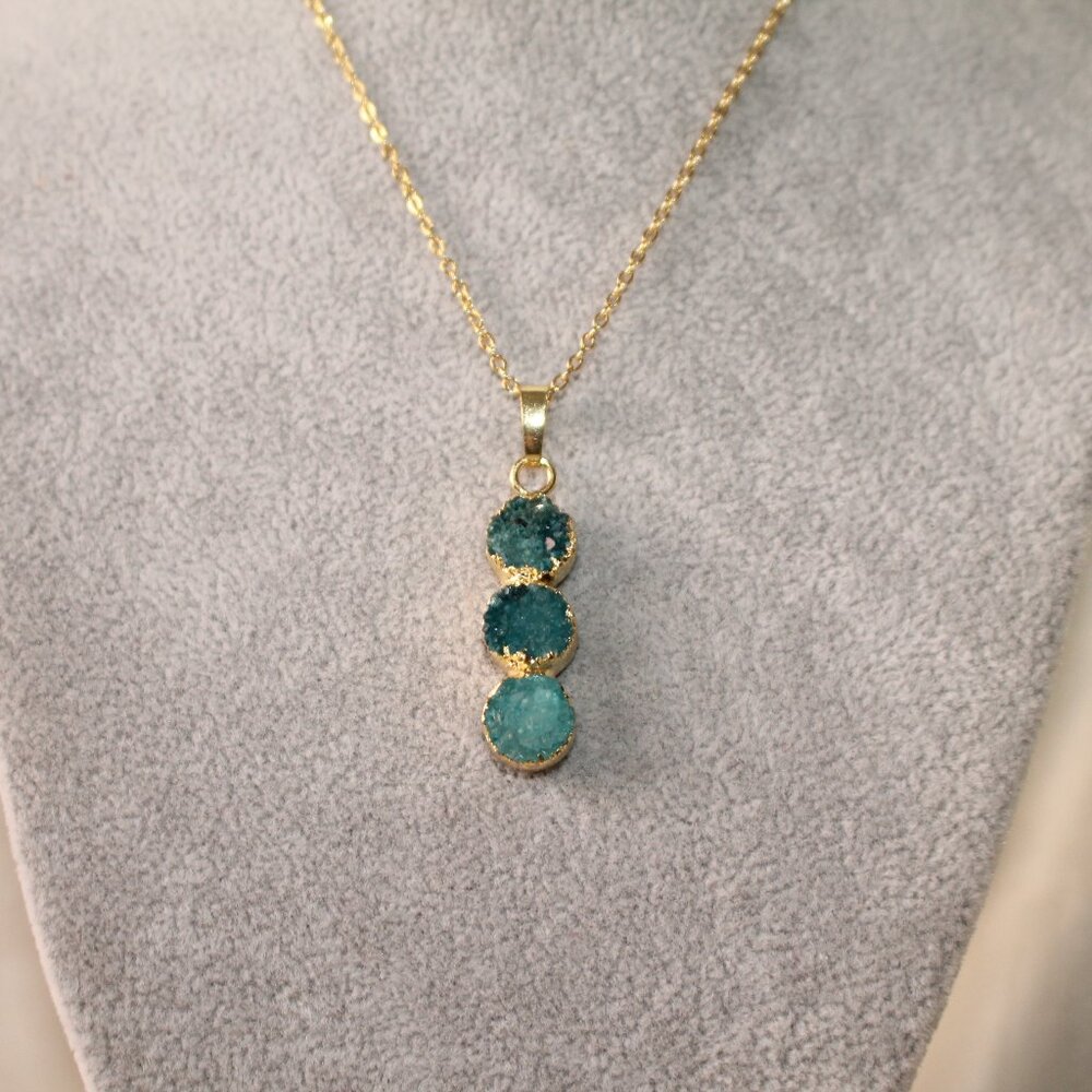 Triple Aqua Druzy Gemstone Pendant Necklace – Gold Trim Sparkling Statement Piec - Picture 1 of 5